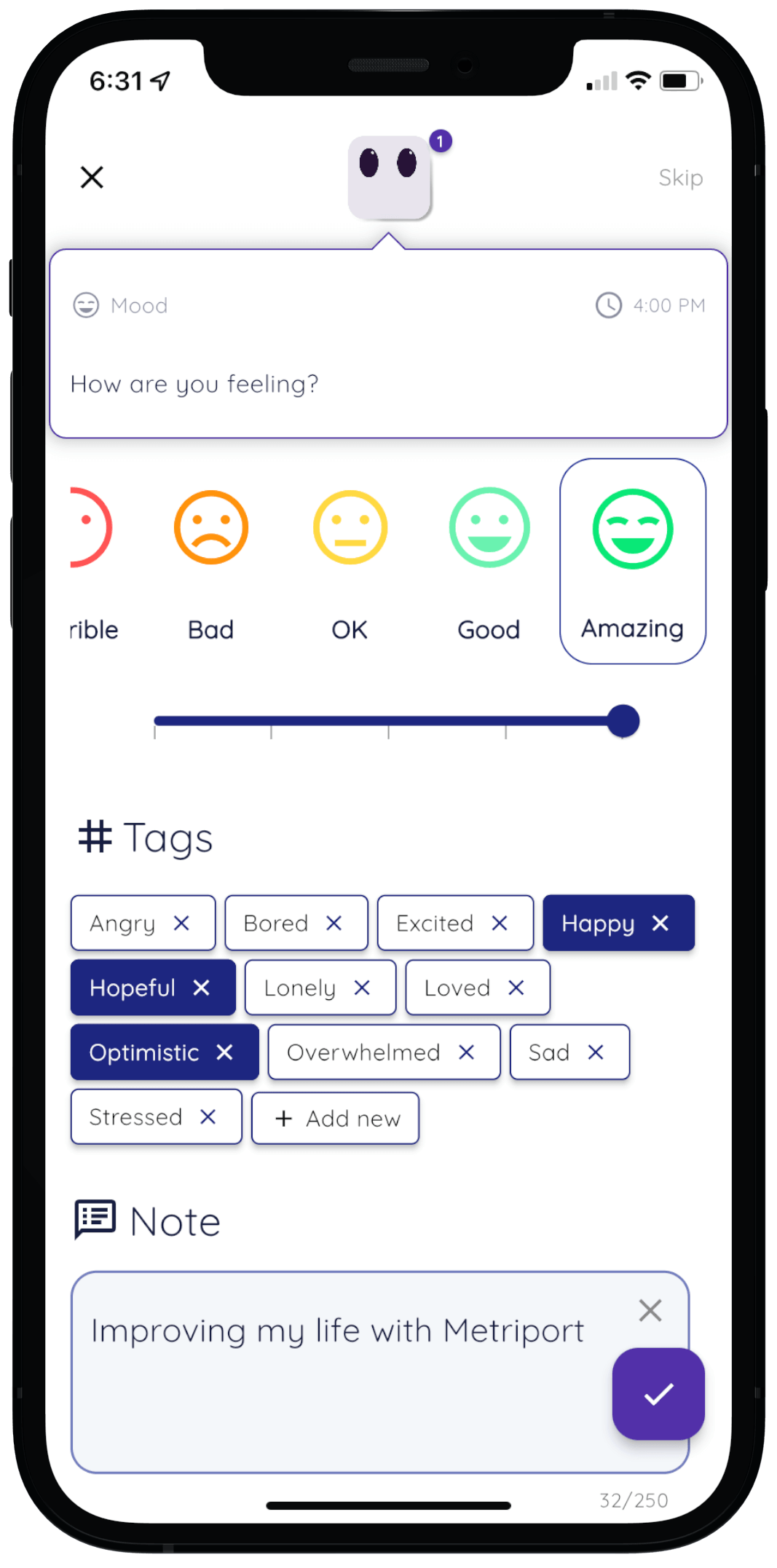 Mood tracking app data entry screen