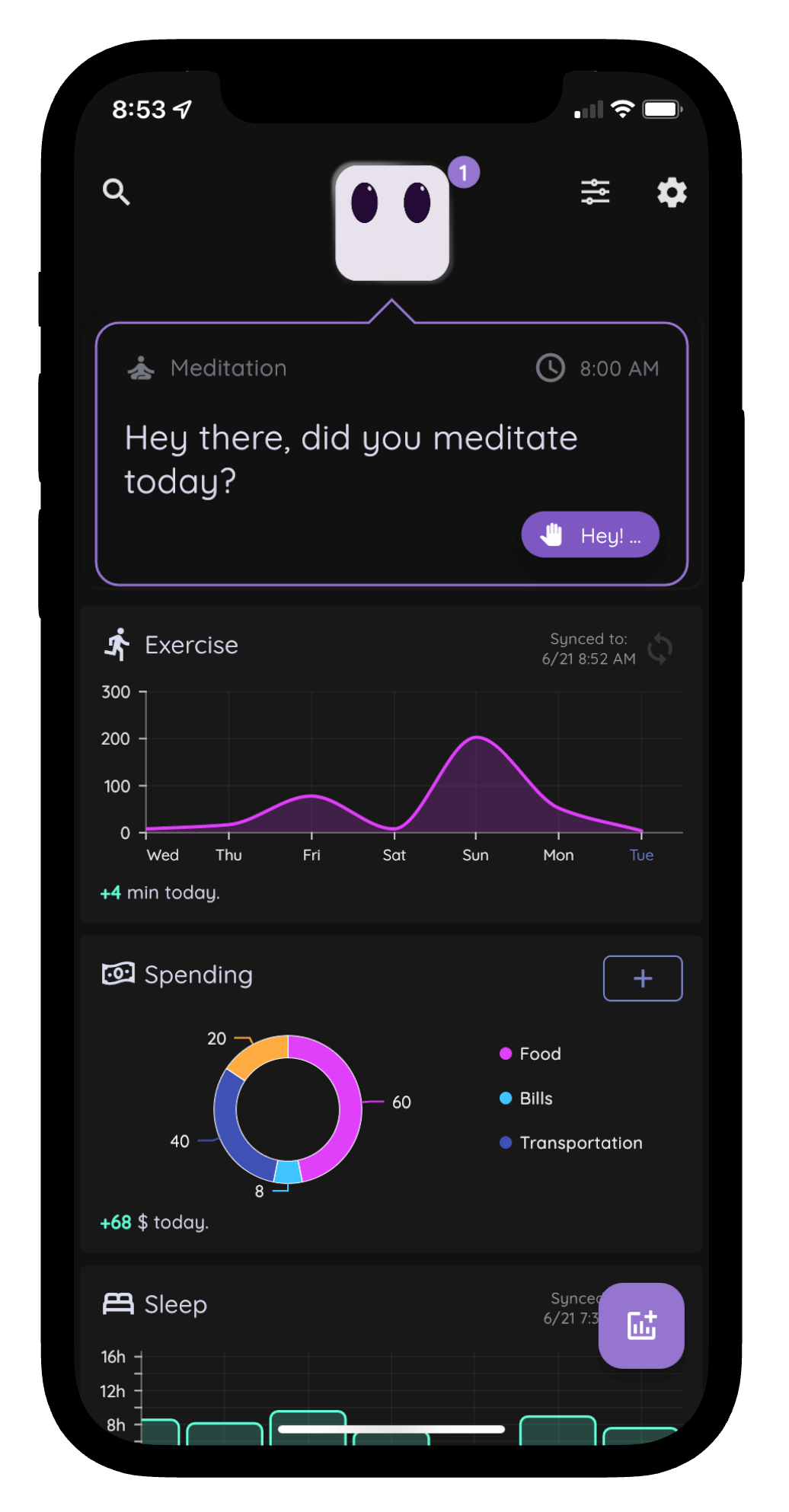 Habit tracker app dashboard with meditation tracker, exercise, sleep, and finance chart