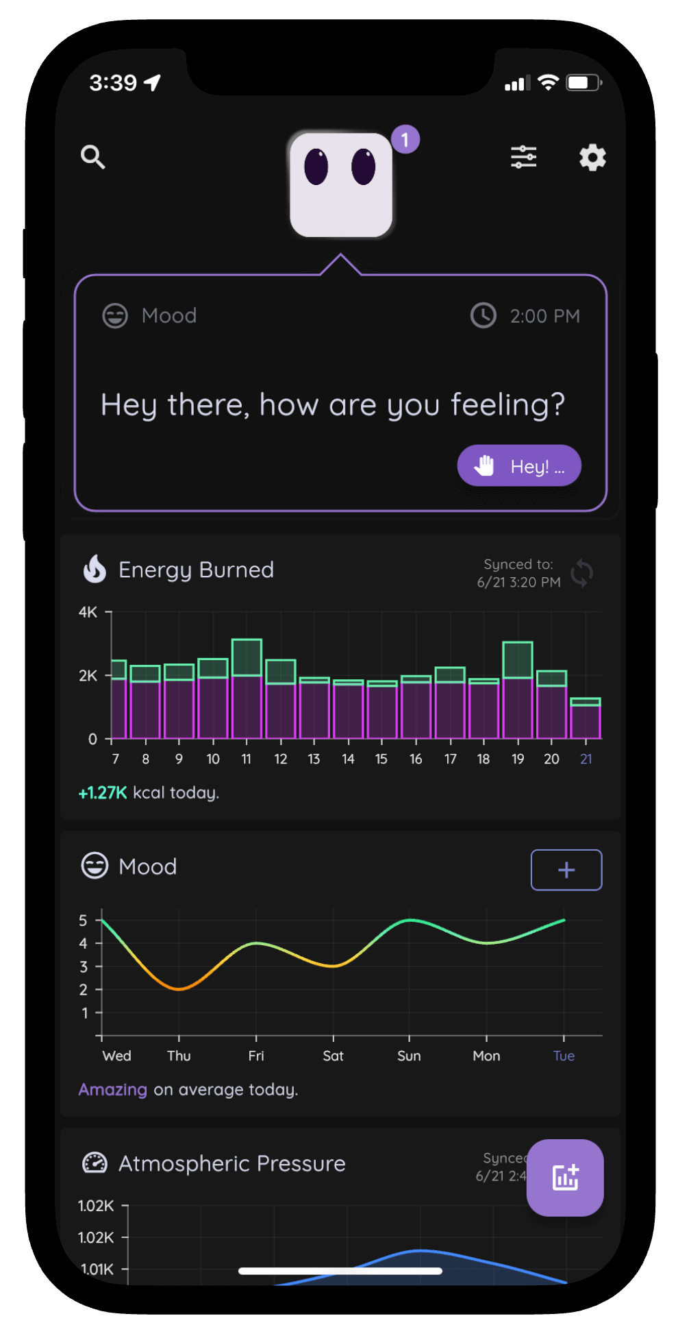 Quantified self app dashboard with calorie, mood, and finance chart