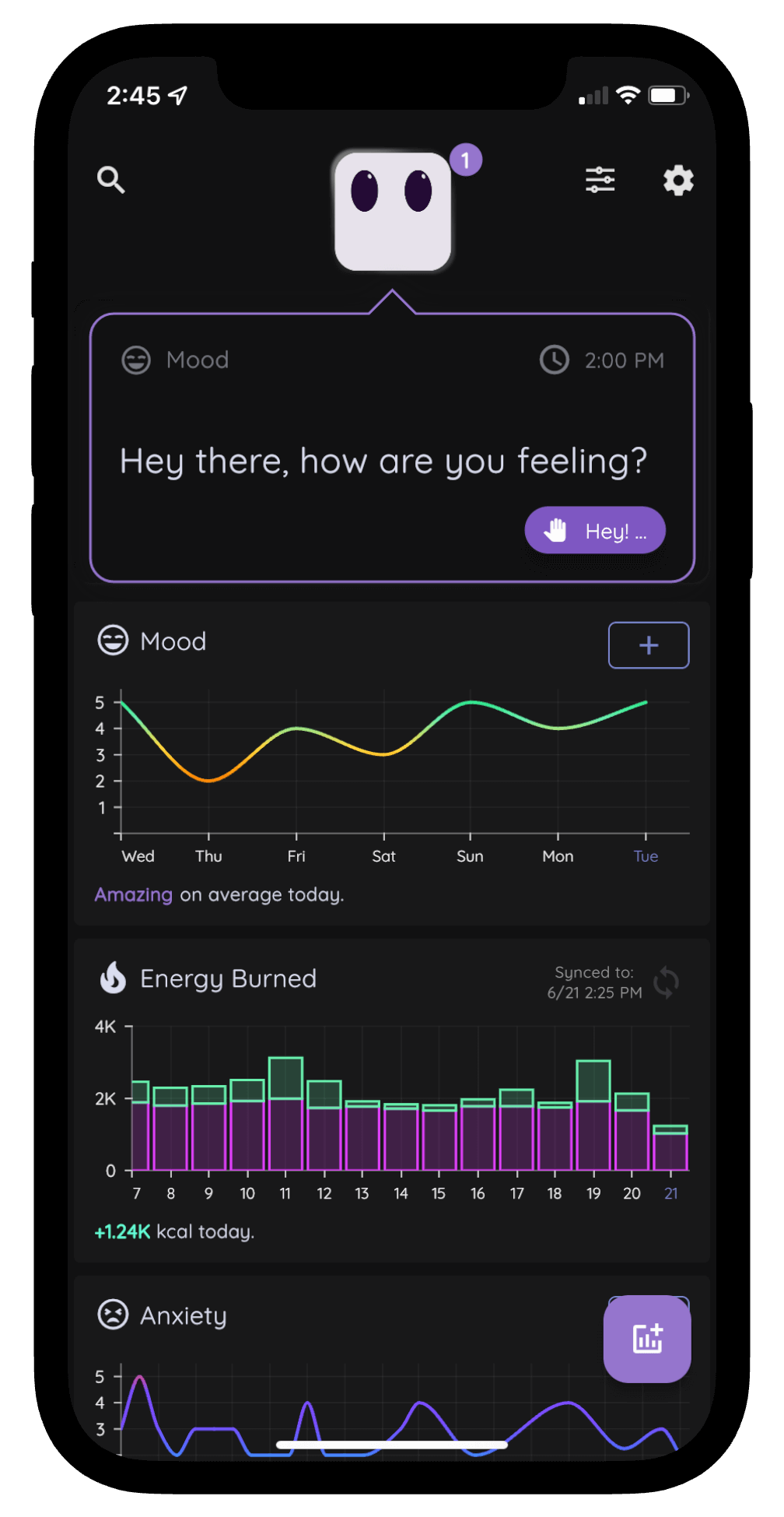 Mood tracker app dashboard with mood, energy burned, and anxiety tracking chart