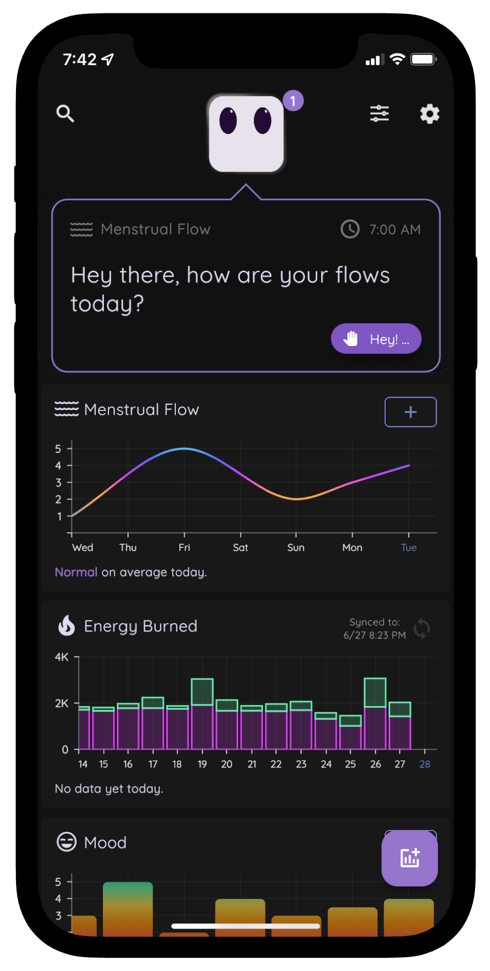 Period tracker app dashboard with menstrual flow tracker, energy burned, and mood chart