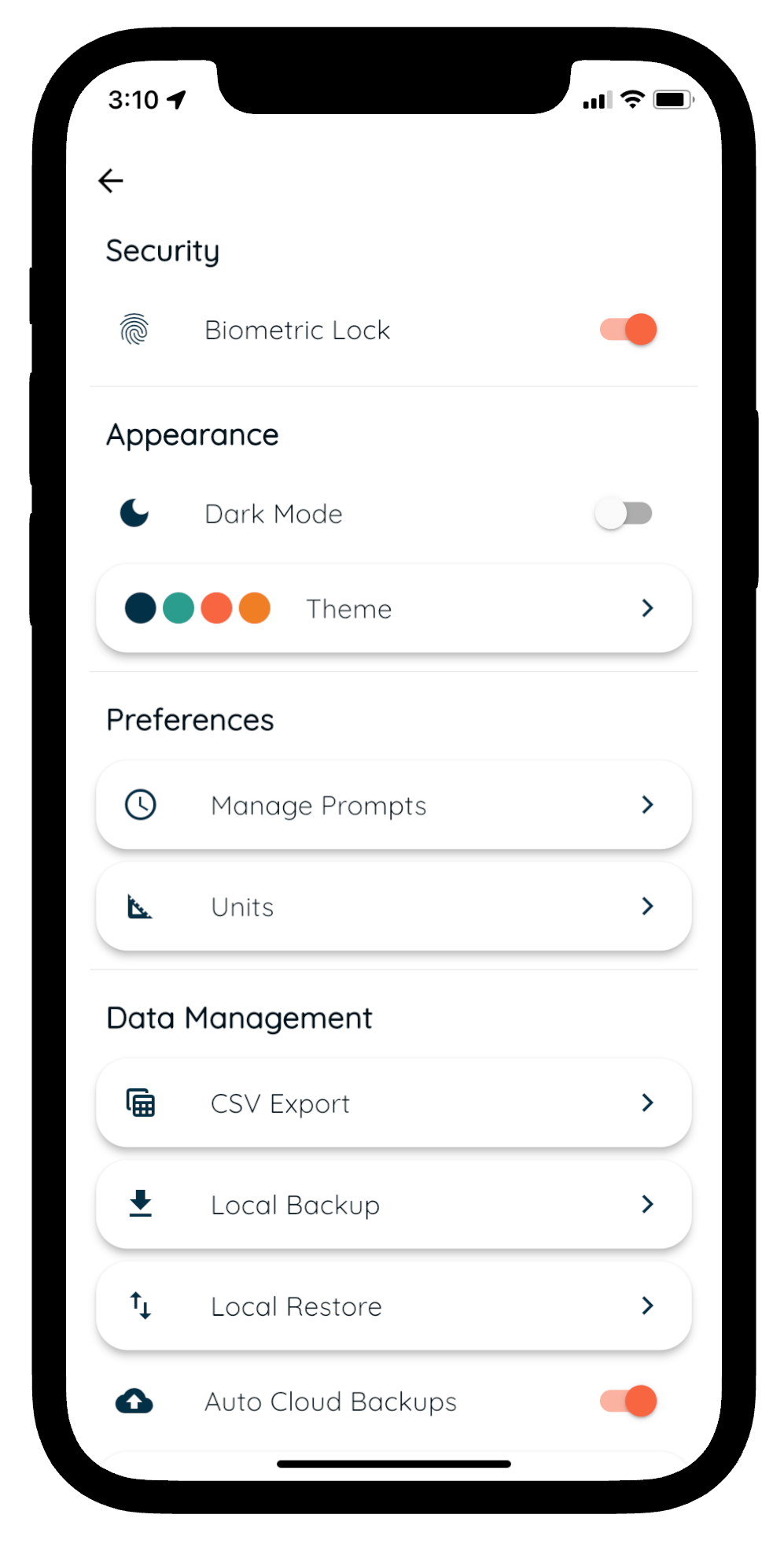 Habit tracking app settings screen with privacy features like a biometric lock and local data storage